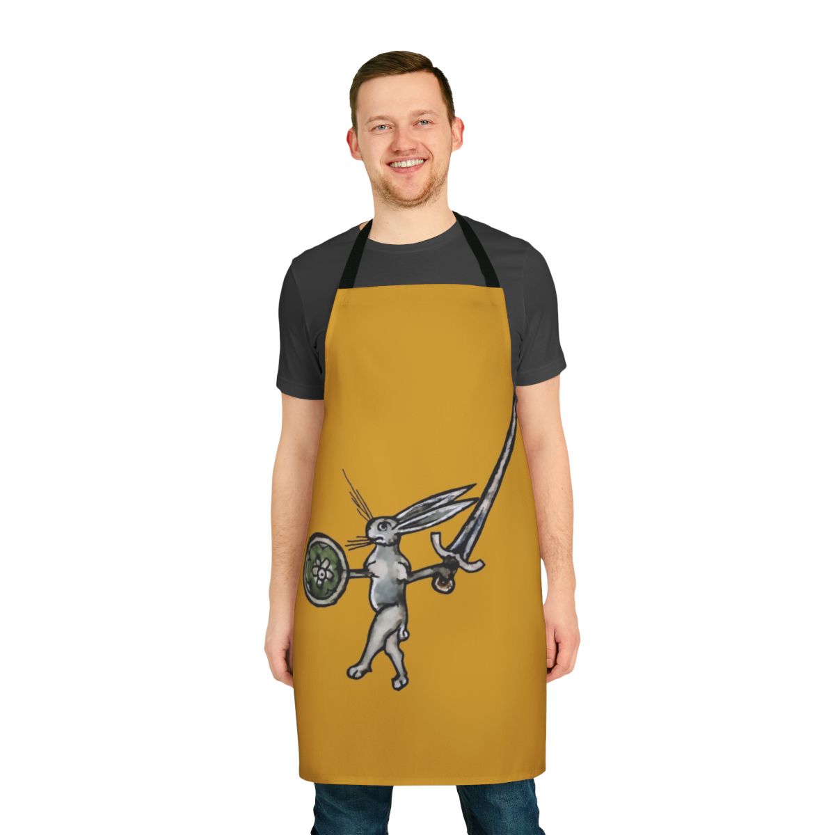 A stylish medieval-inspired apron featuring a rabbit warrior design