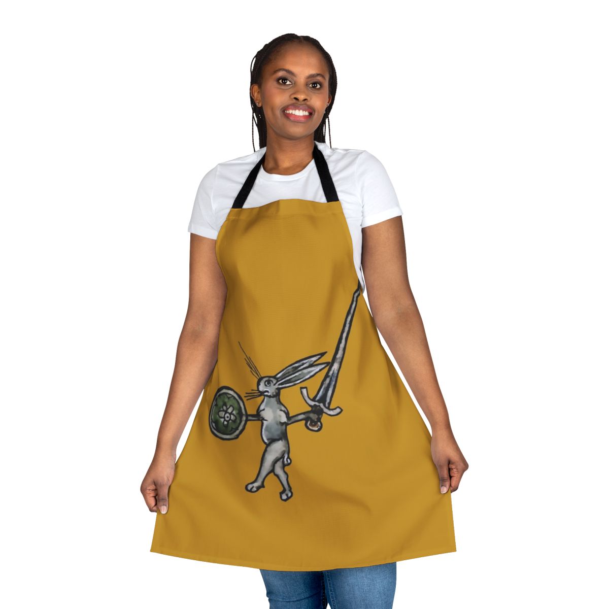 A stylish medieval-inspired apron featuring a rabbit warrior design
