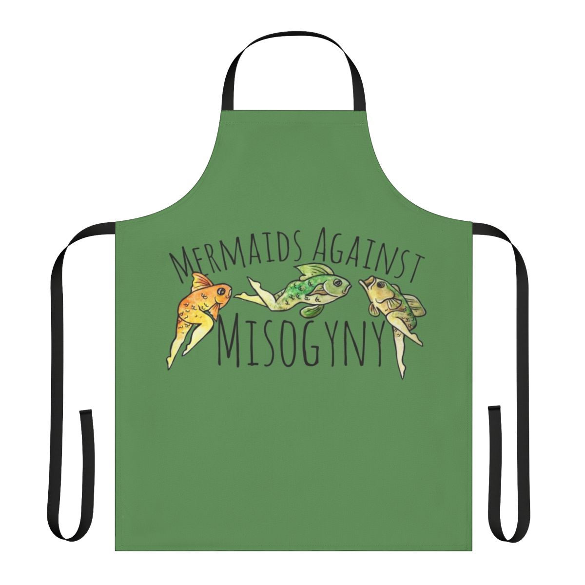 A colorful apron featuring a reverse mermaid design with the words "Mermaids Against Misogyny"