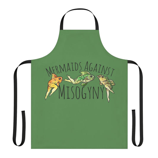 A colorful apron featuring a reverse mermaid design with the words "Mermaids Against Misogyny"