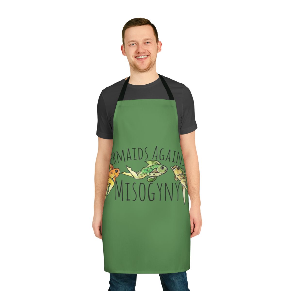 A colorful apron featuring a reverse mermaid design with the words "Mermaids Against Misogyny"