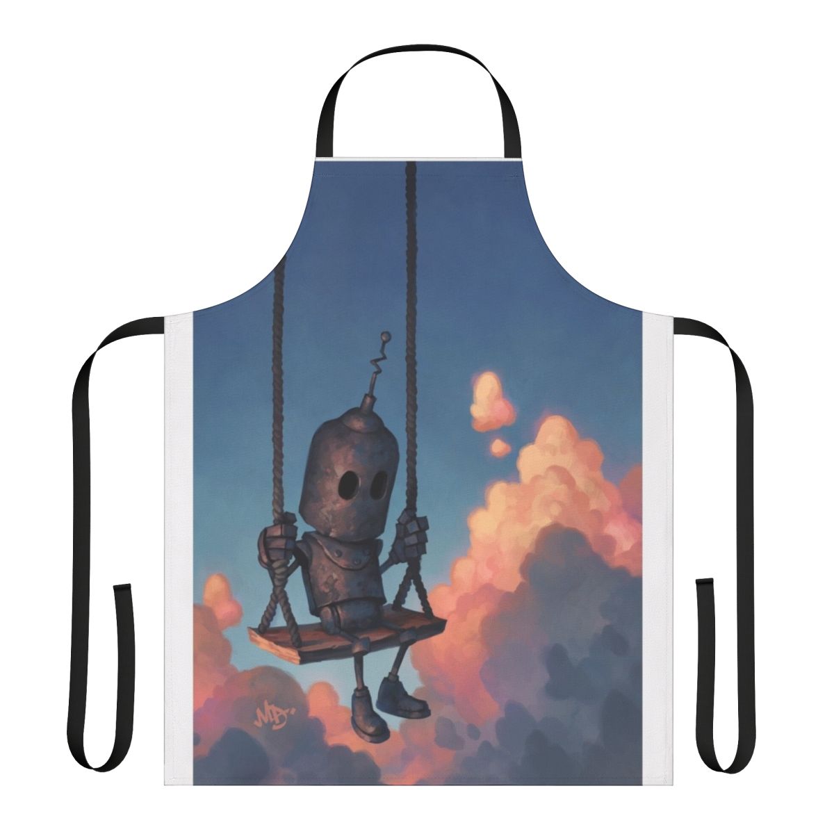 Meteorologist-themed apron with robot, clouds, and weather elements
