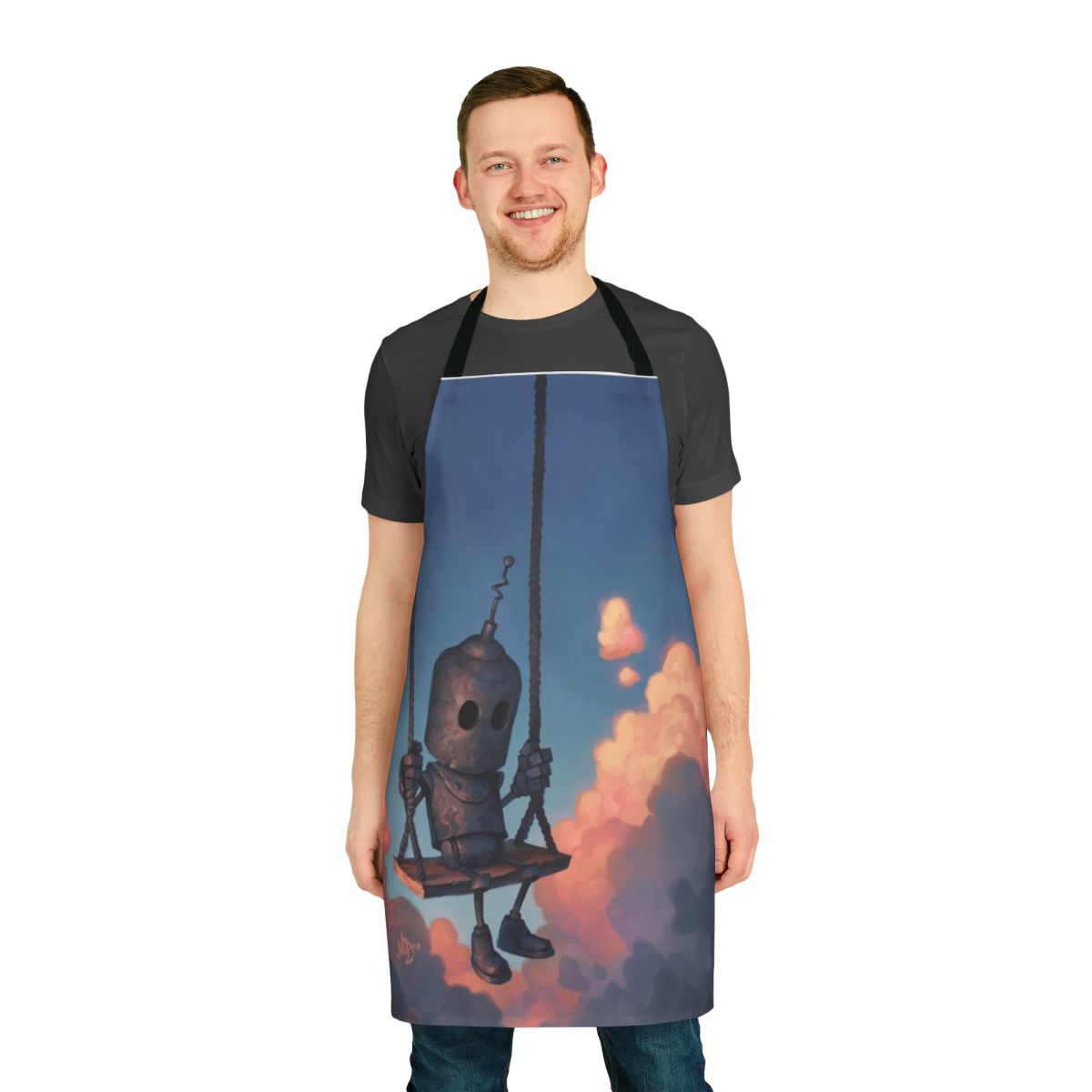 Meteorologist-themed apron with robot, clouds, and weather elements