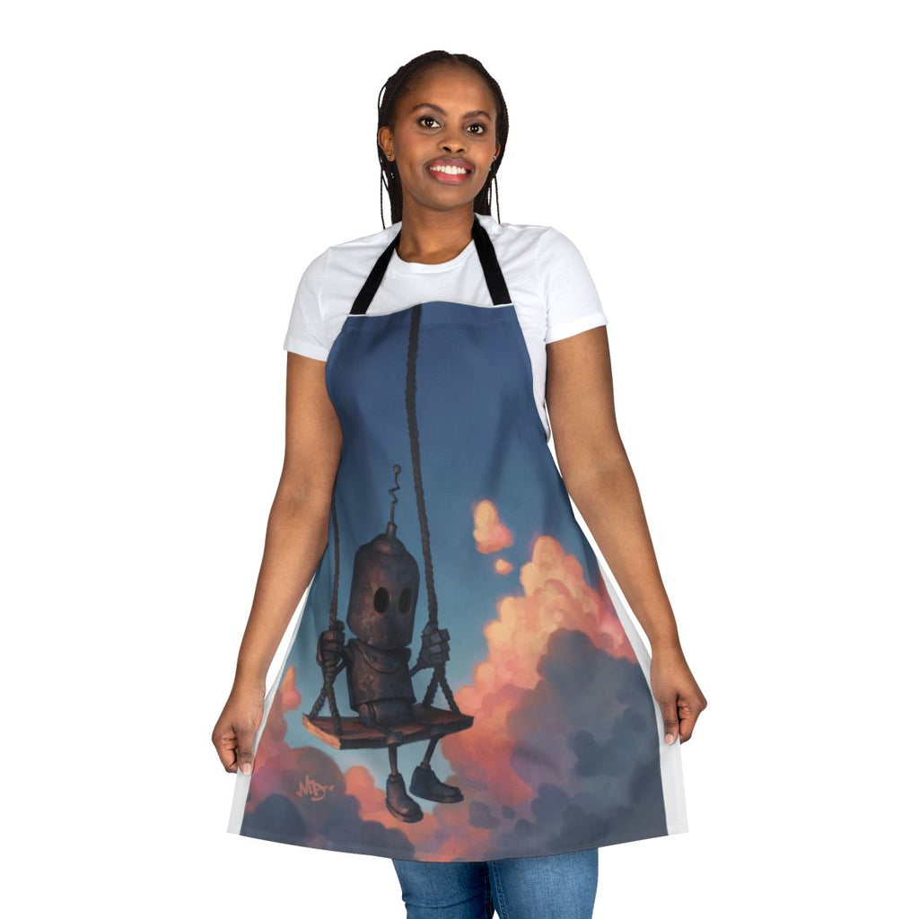 Meteorologist-themed apron with robot, clouds, and weather elements
