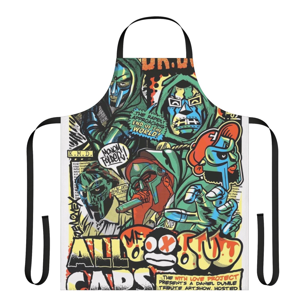 Artistic apron featuring a minimalist, vintage-inspired MF DOOM design