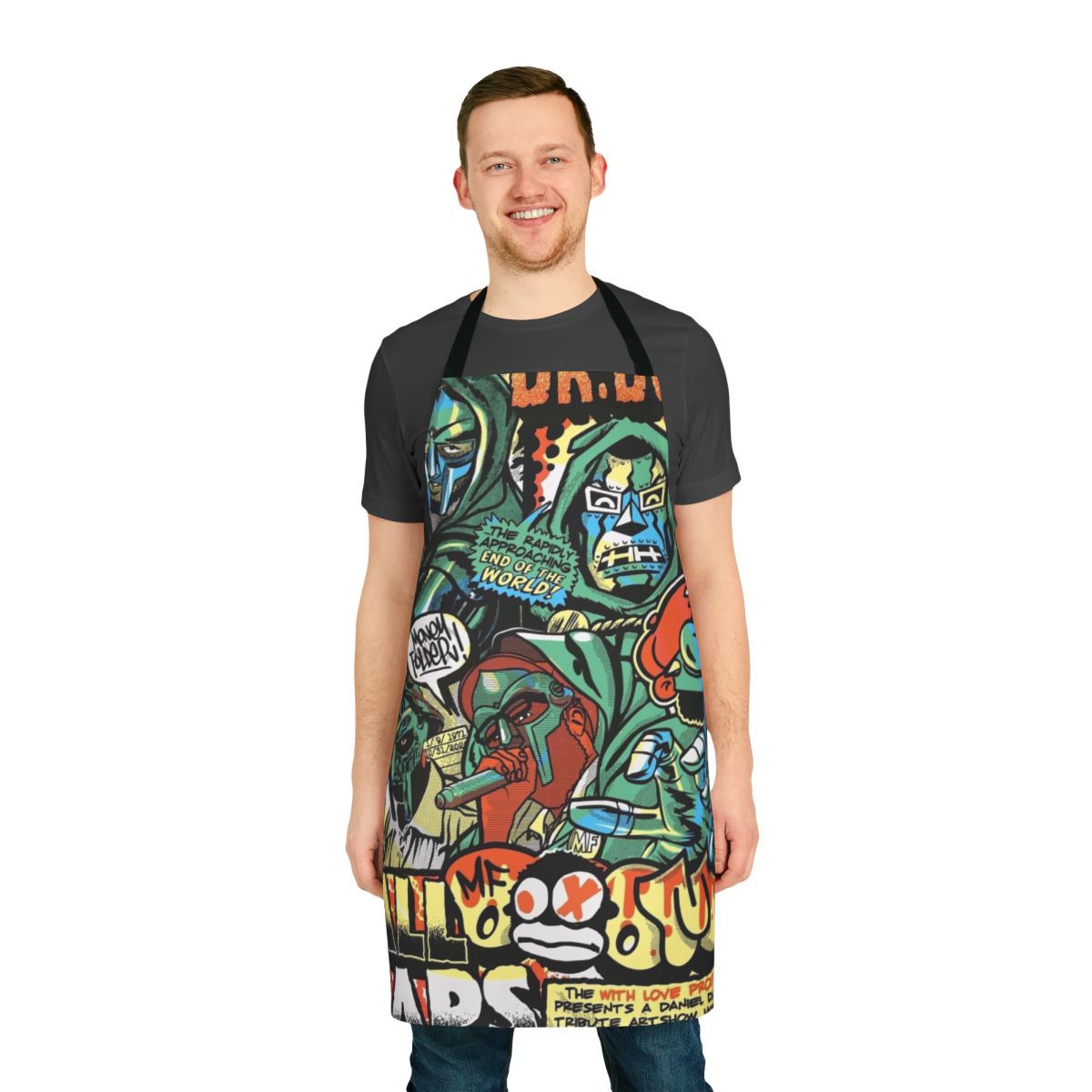 Artistic apron featuring a minimalist, vintage-inspired MF DOOM design