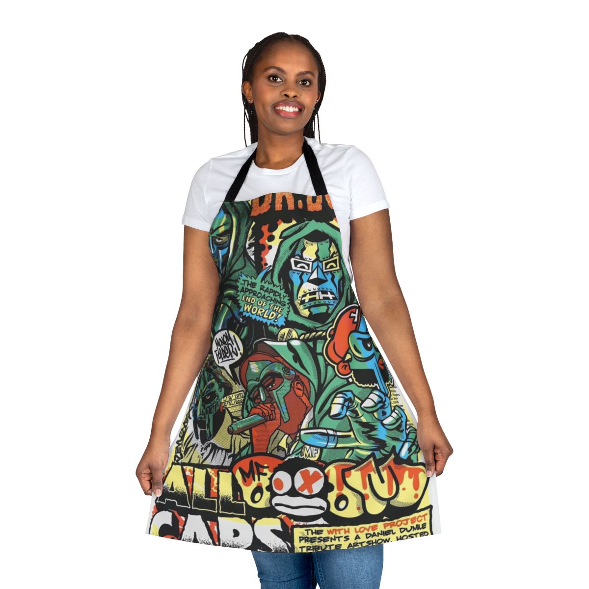 Artistic apron featuring a minimalist, vintage-inspired MF DOOM design