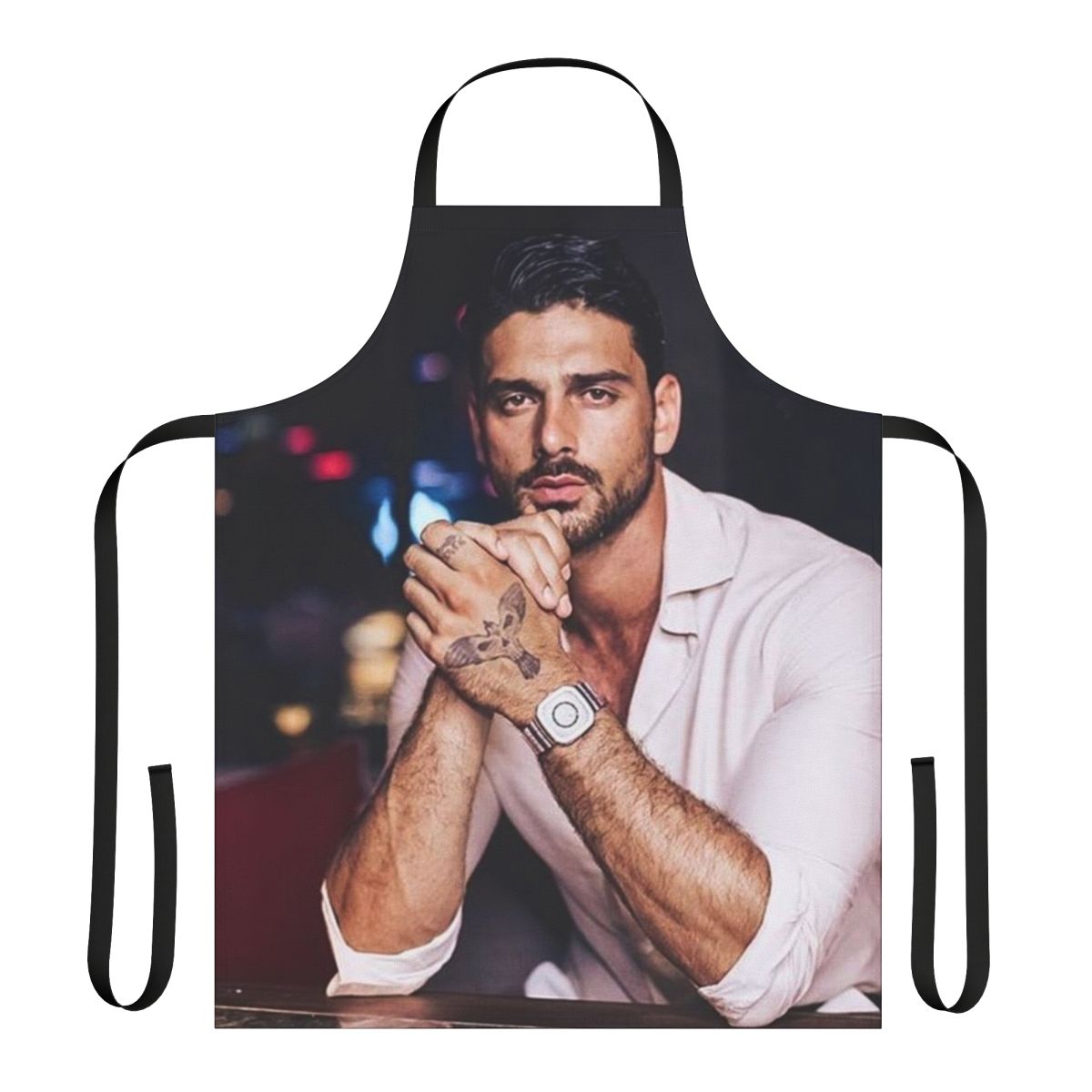 A high-quality apron featuring the image of actor Michele Morrone