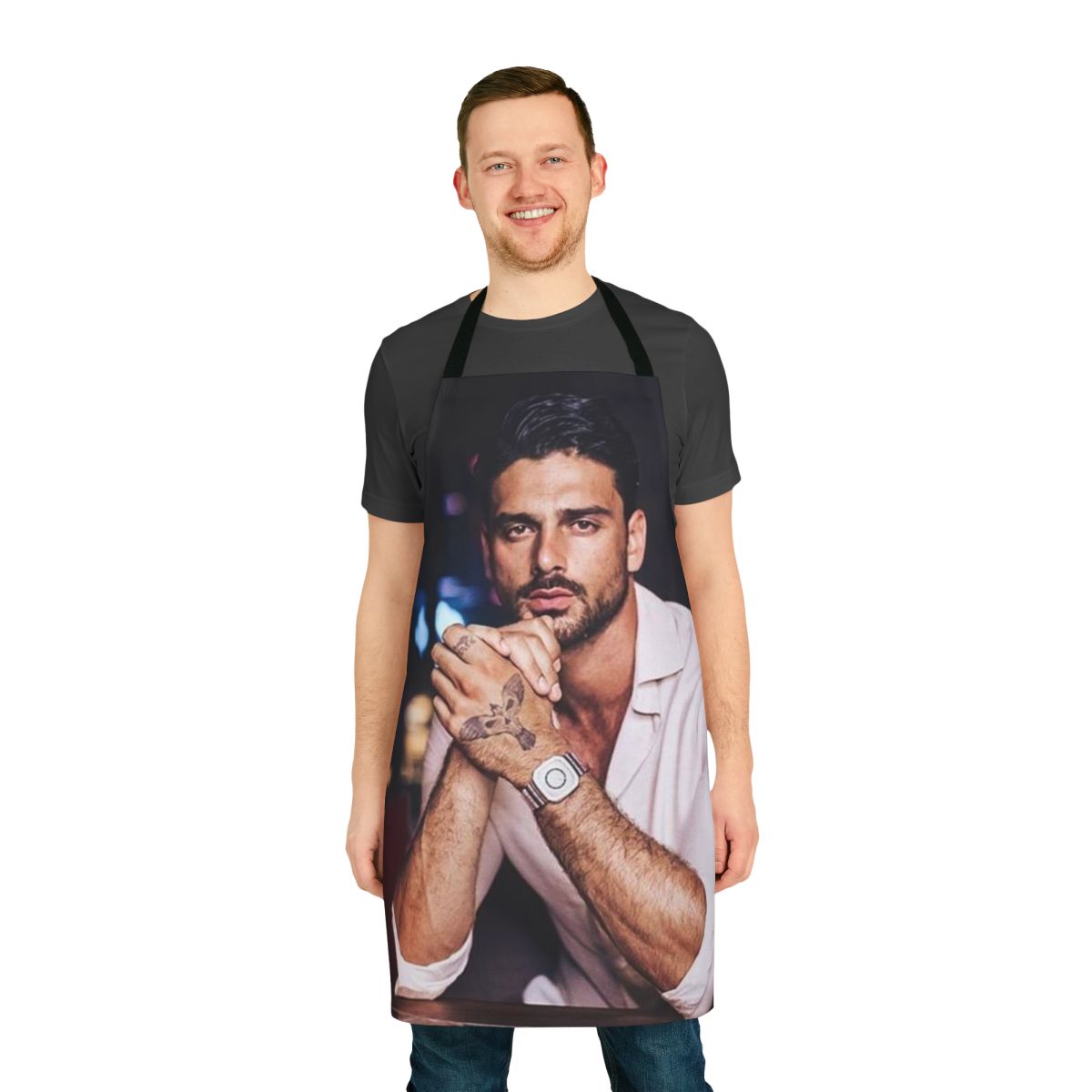 A high-quality apron featuring the image of actor Michele Morrone