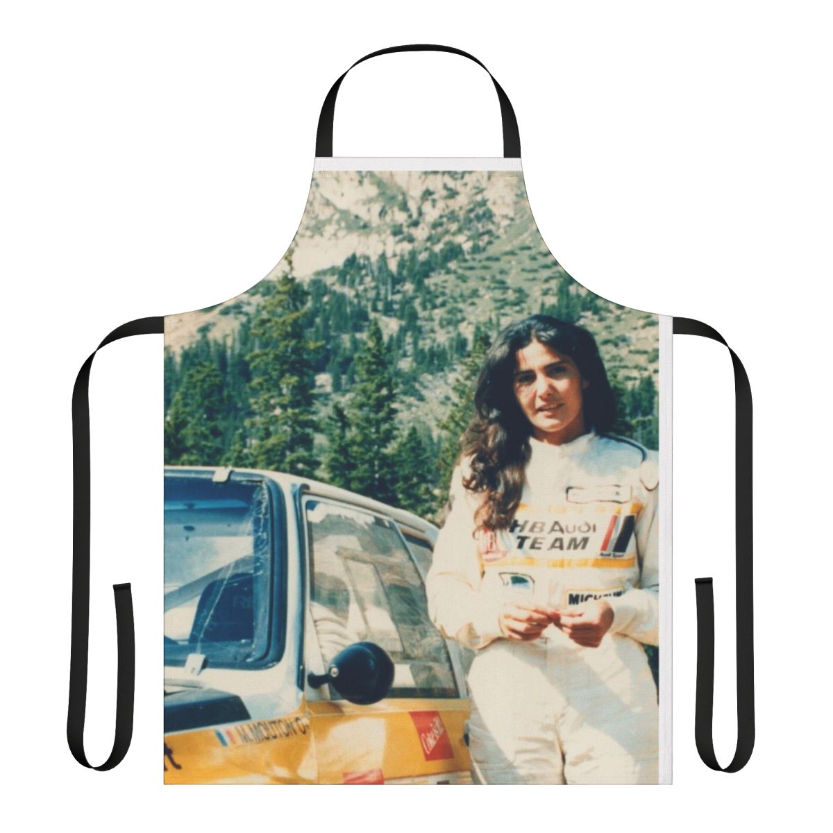 Michele Mouton inspired automotive apron with racing and motorsports design