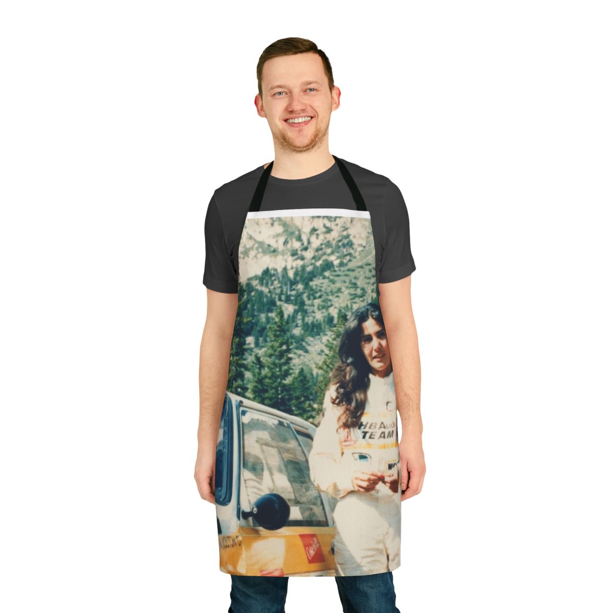 Michele Mouton inspired automotive apron with racing and motorsports design