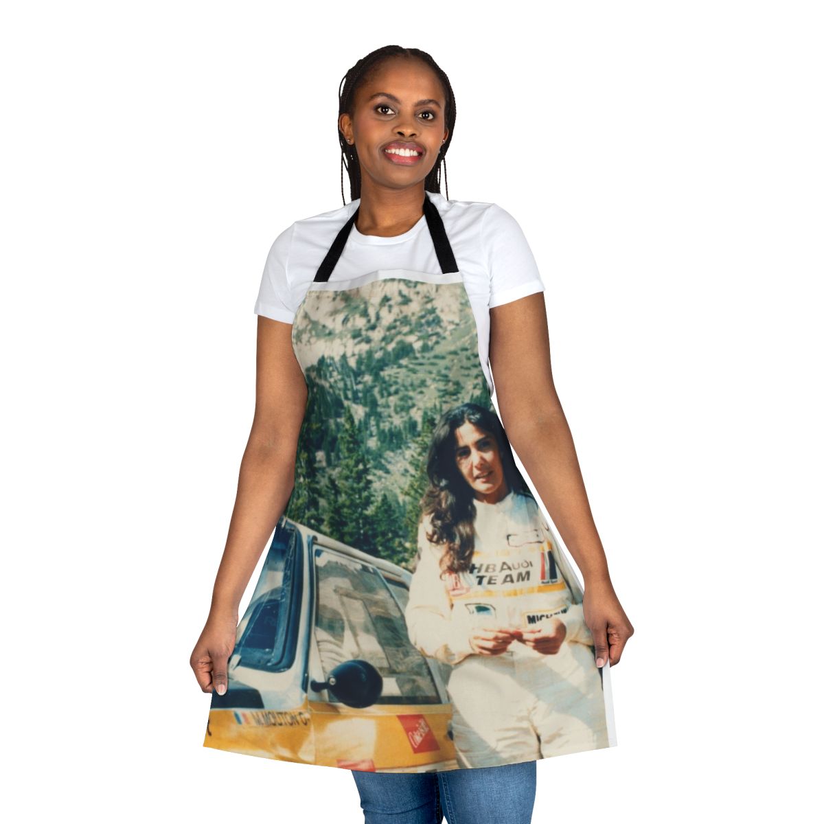 Michele Mouton inspired automotive apron with racing and motorsports design