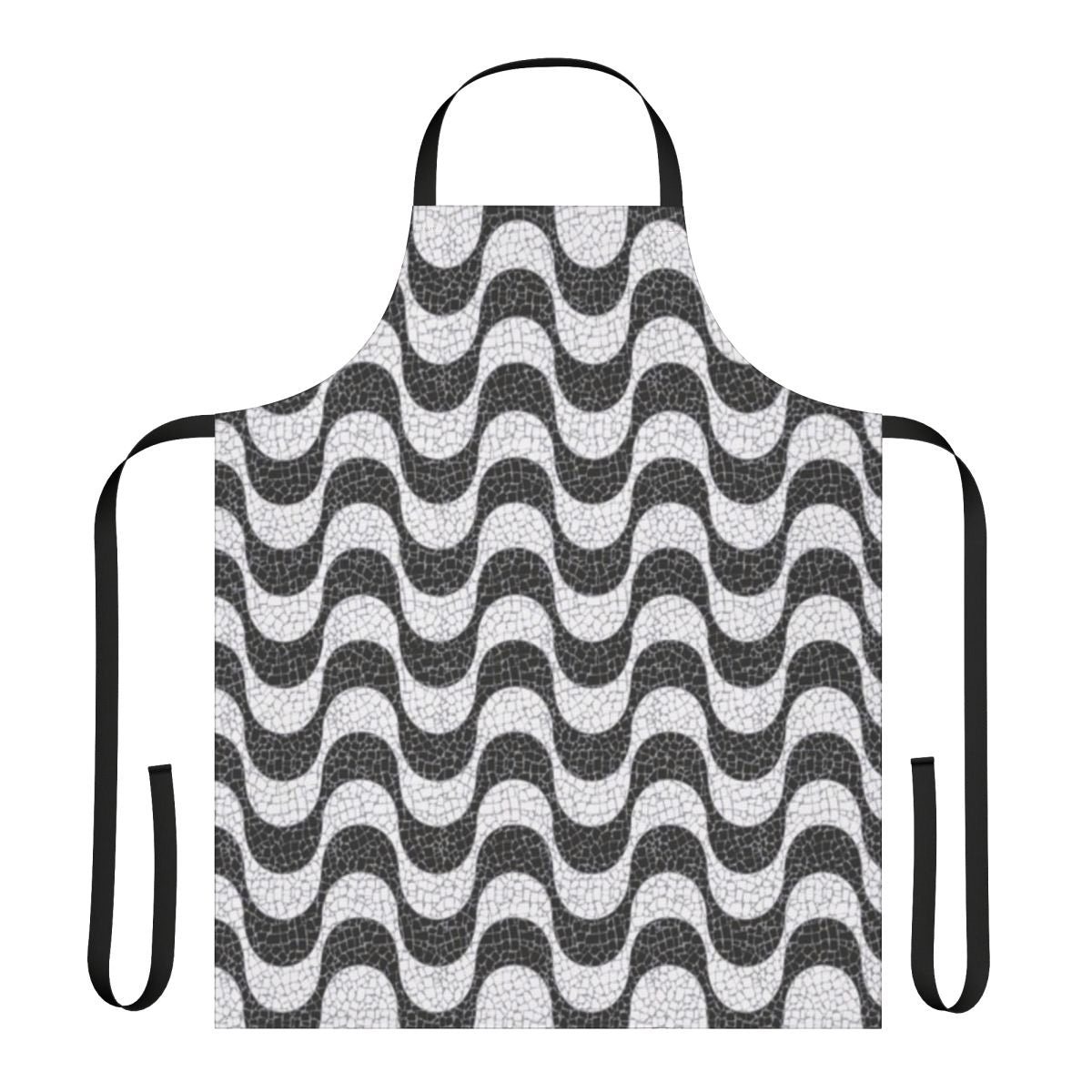 A stylish mid-century modern apron featuring a geometric wave pattern inspired by the beaches of Rio de Janeiro, Brazil.