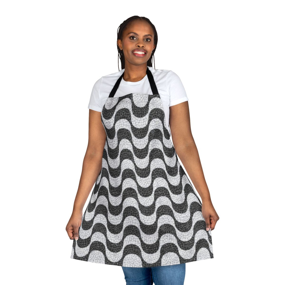A stylish mid-century modern apron featuring a geometric wave pattern inspired by the beaches of Rio de Janeiro, Brazil.