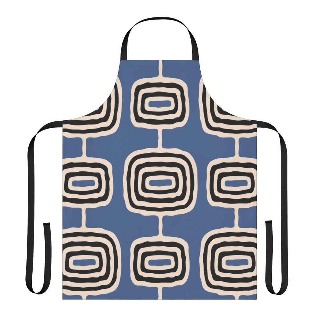 Mid-century modern atomic rings pattern printed on a high-quality beige apron.