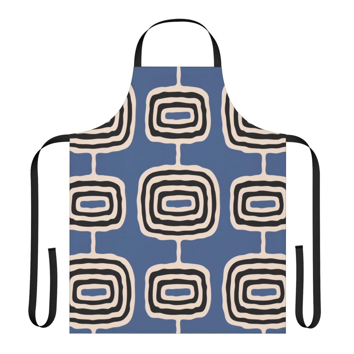 Mid-century modern atomic rings pattern printed on a high-quality beige apron.