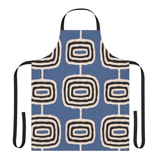 Mid-century modern atomic rings pattern printed on a high-quality beige apron.