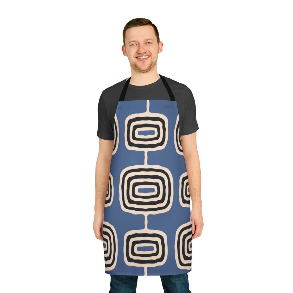 Mid-century modern atomic rings pattern printed on a high-quality beige apron.