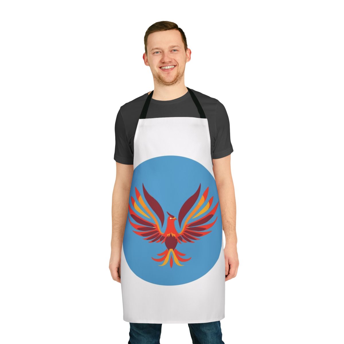 Vibrant mid century modern apron featuring a phoenix and other legendary desert animals