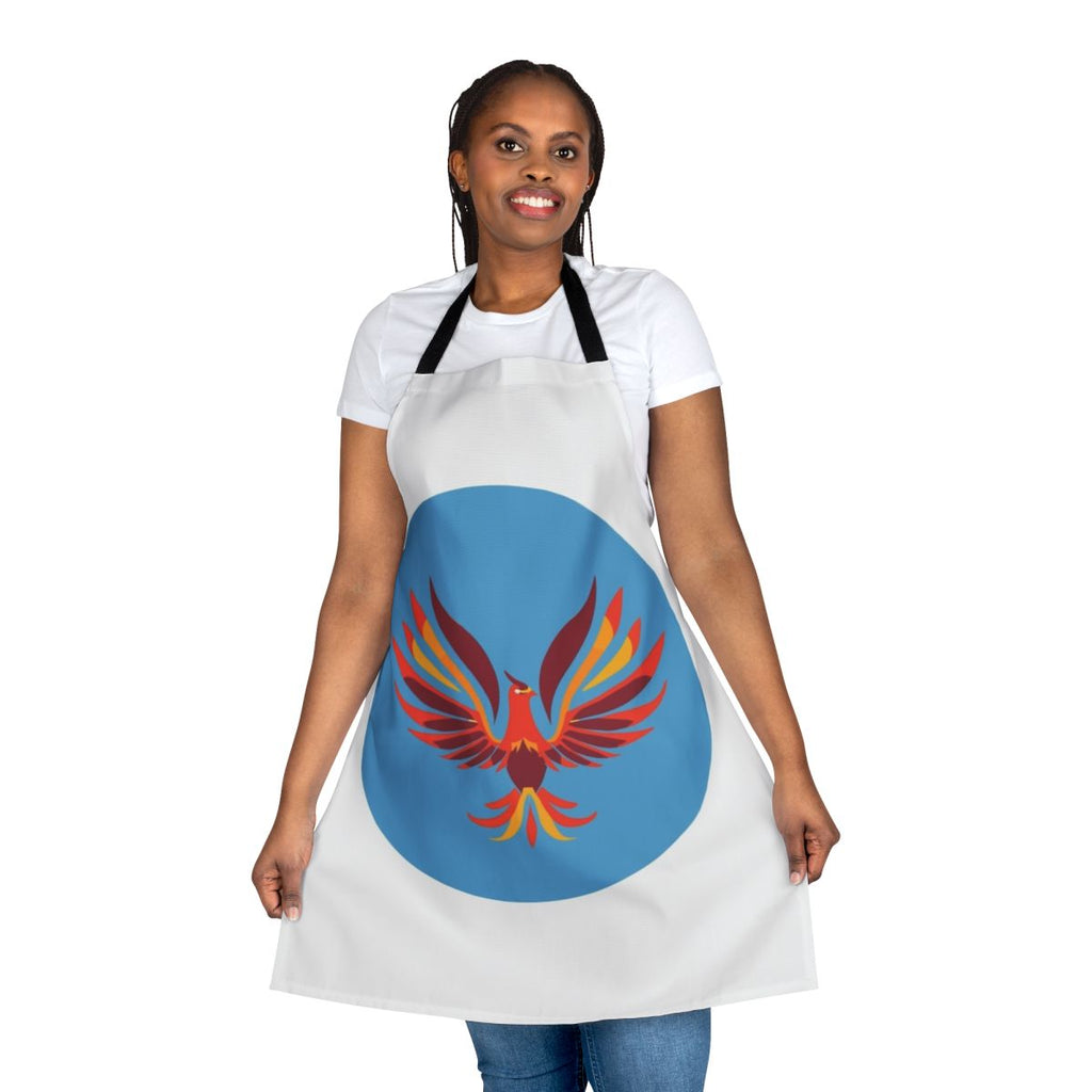 Vibrant mid century modern apron featuring a phoenix and other legendary desert animals