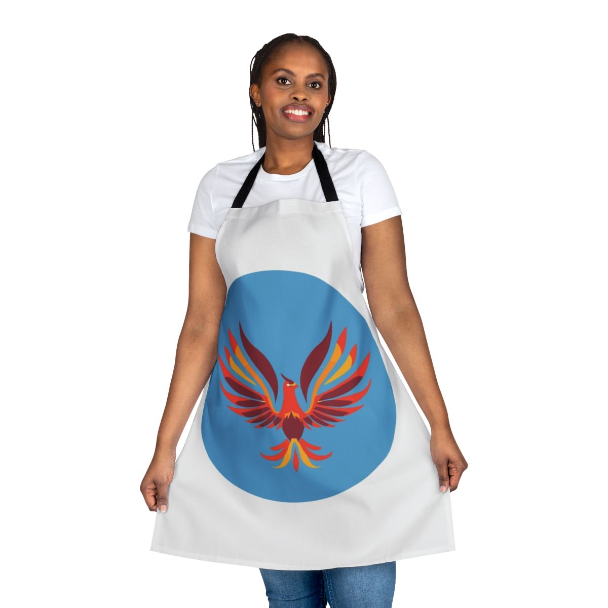 Vibrant mid century modern apron featuring a phoenix and other legendary desert animals