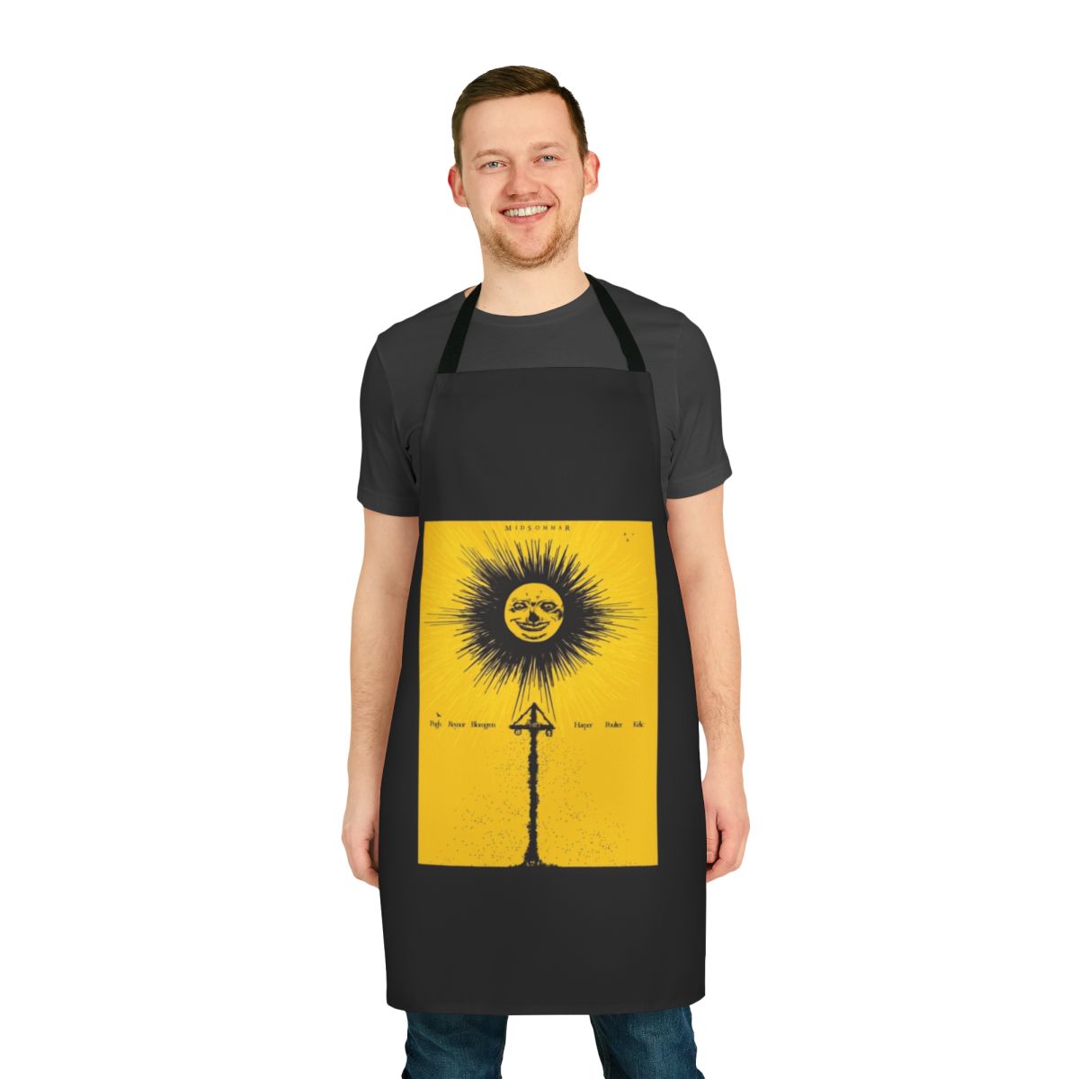 Midsommar-themed apron featuring floral designs and horror movie elements