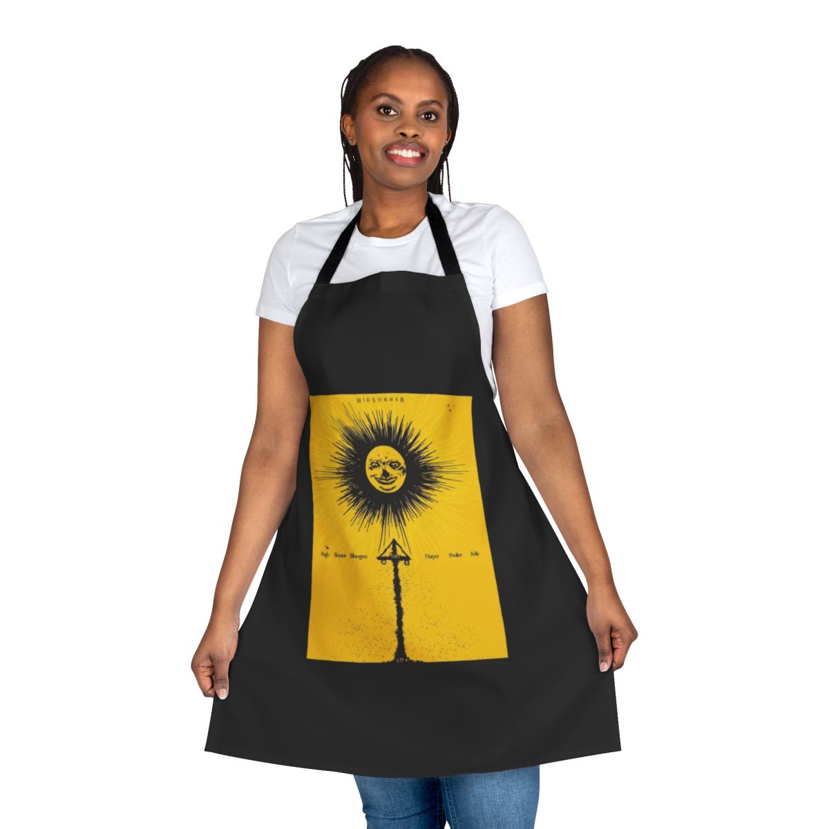 Midsommar-themed apron featuring floral designs and horror movie elements
