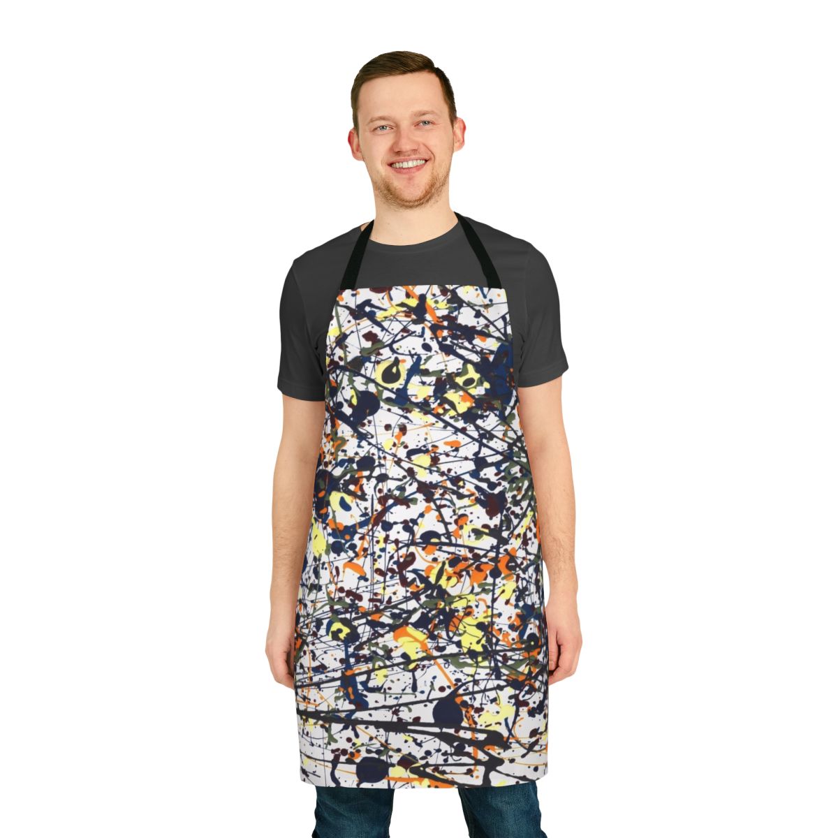 Colorful splatter-style apron inspired by the artwork of Jackson Pollock