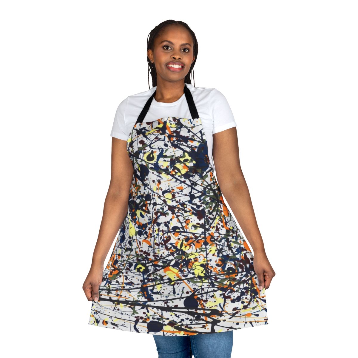 Colorful splatter-style apron inspired by the artwork of Jackson Pollock