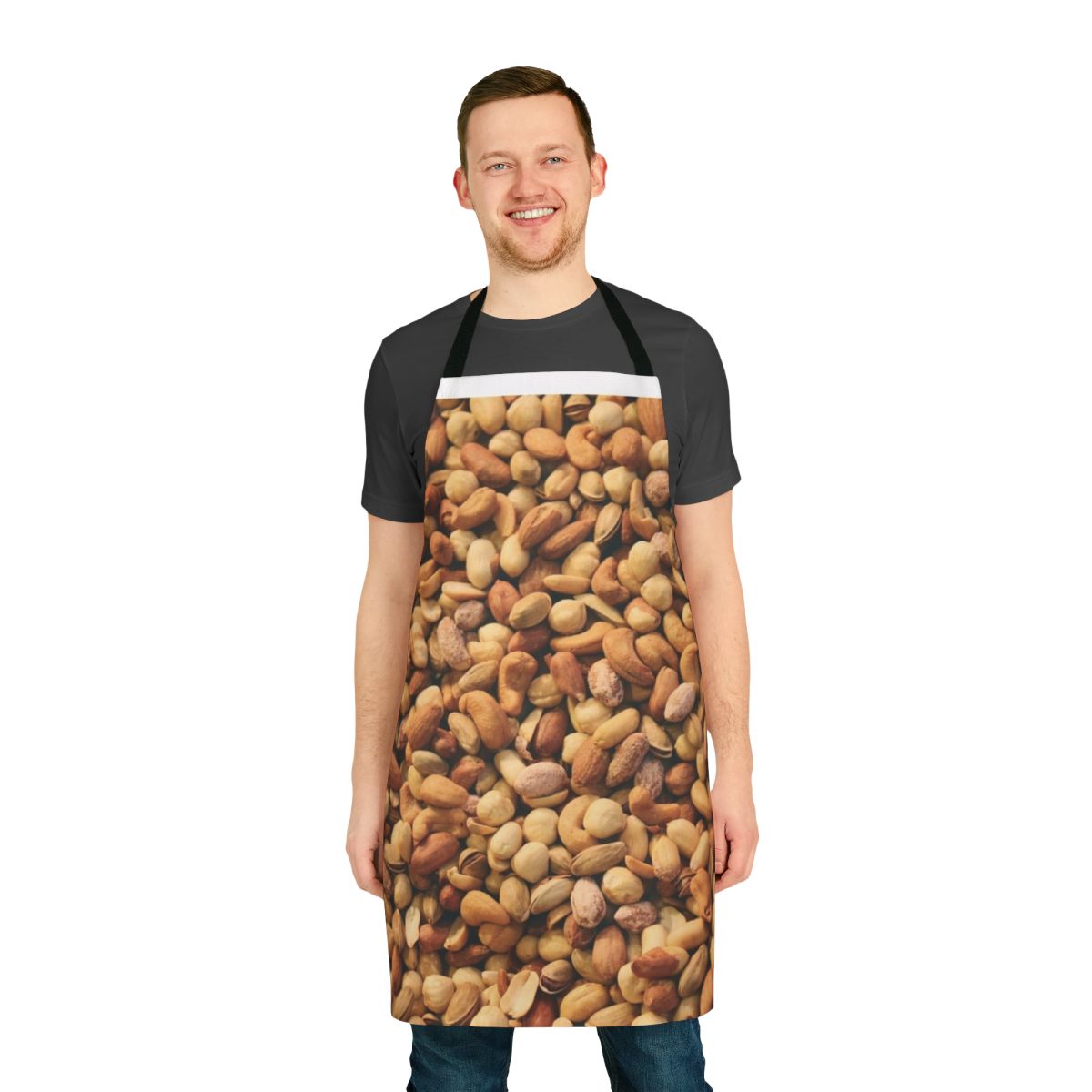 A high-quality apron featuring a colorful mix of roasted nuts including hazelnuts, pistachios, peanuts, and almonds.