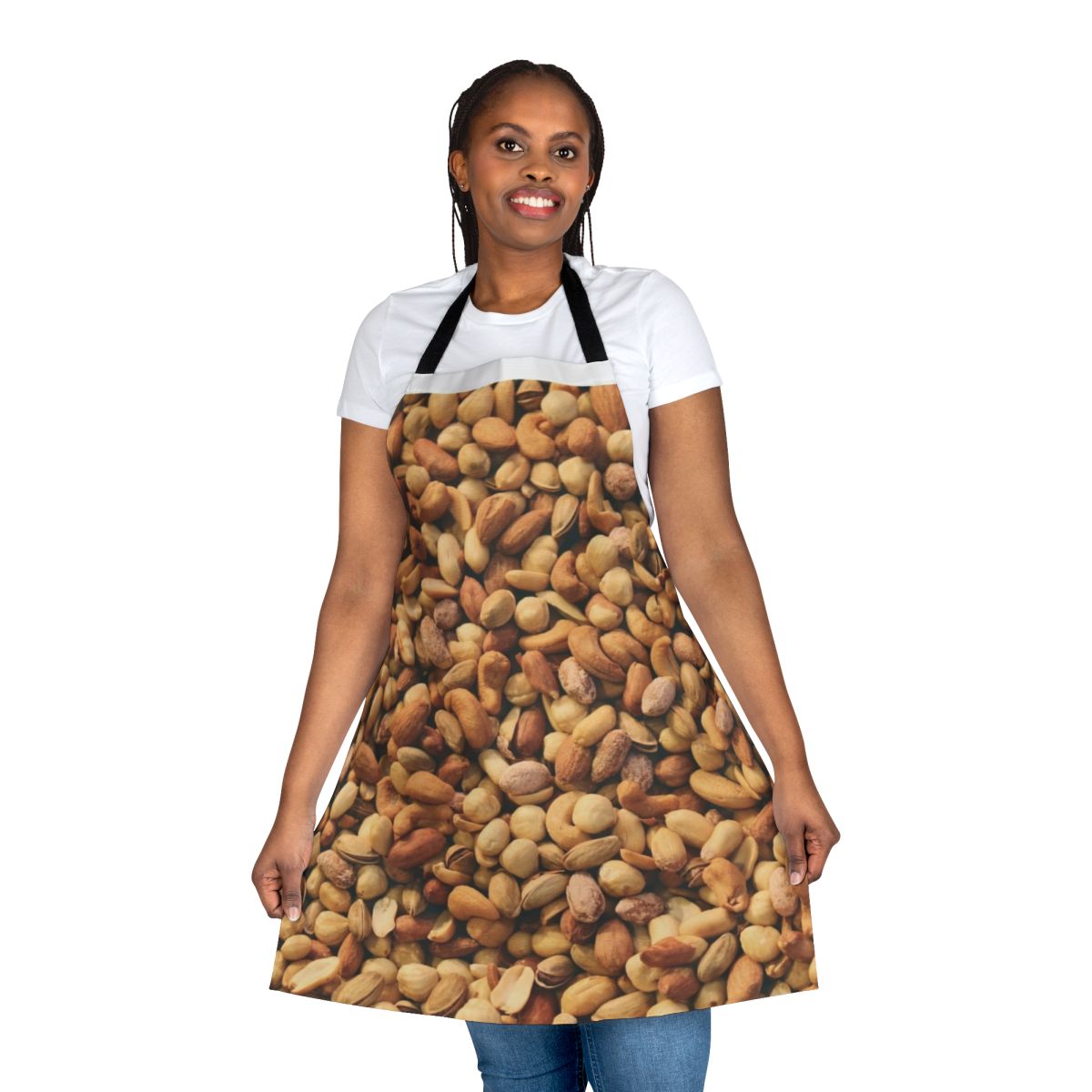 A high-quality apron featuring a colorful mix of roasted nuts including hazelnuts, pistachios, peanuts, and almonds.