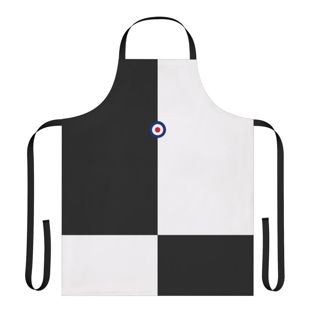 Mod-inspired apron in black and white with bold checkerboard pattern and mod logo