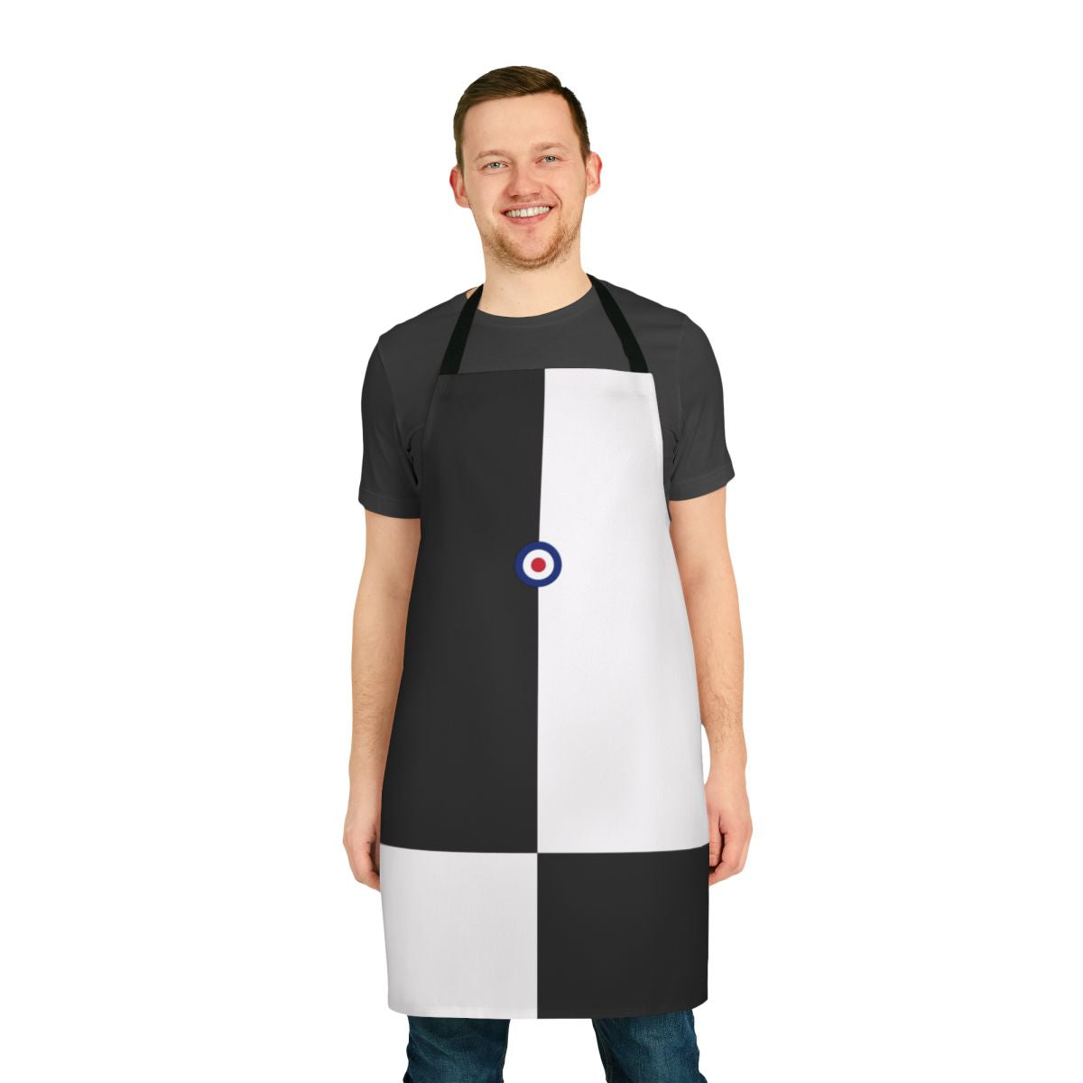 Mod-inspired apron in black and white with bold checkerboard pattern and mod logo