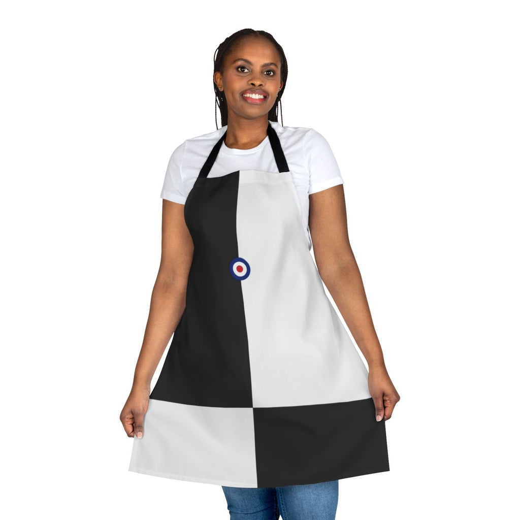 Mod-inspired apron in black and white with bold checkerboard pattern and mod logo