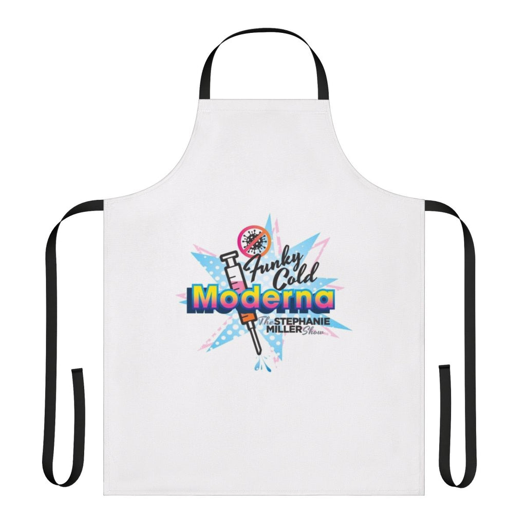 Person wearing a humor-themed apron with "The Funky Cold Moderna Shot" design