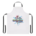 Person wearing a humor-themed apron with "The Funky Cold Moderna Shot" design