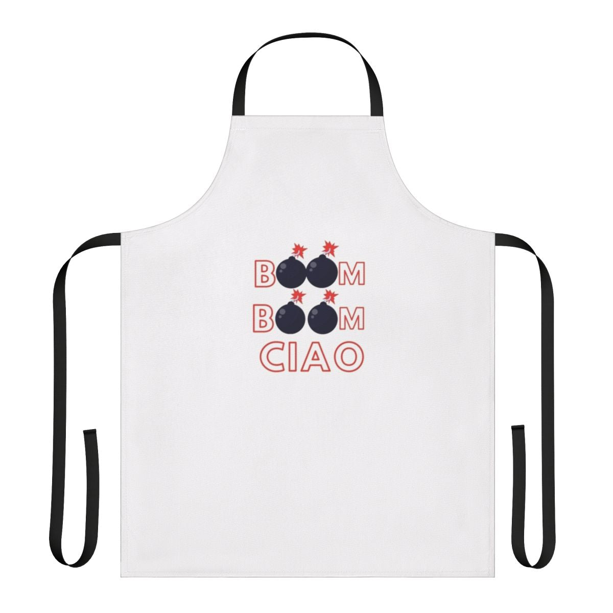 Money heist themed apron with "Boom Boom Ciao" design