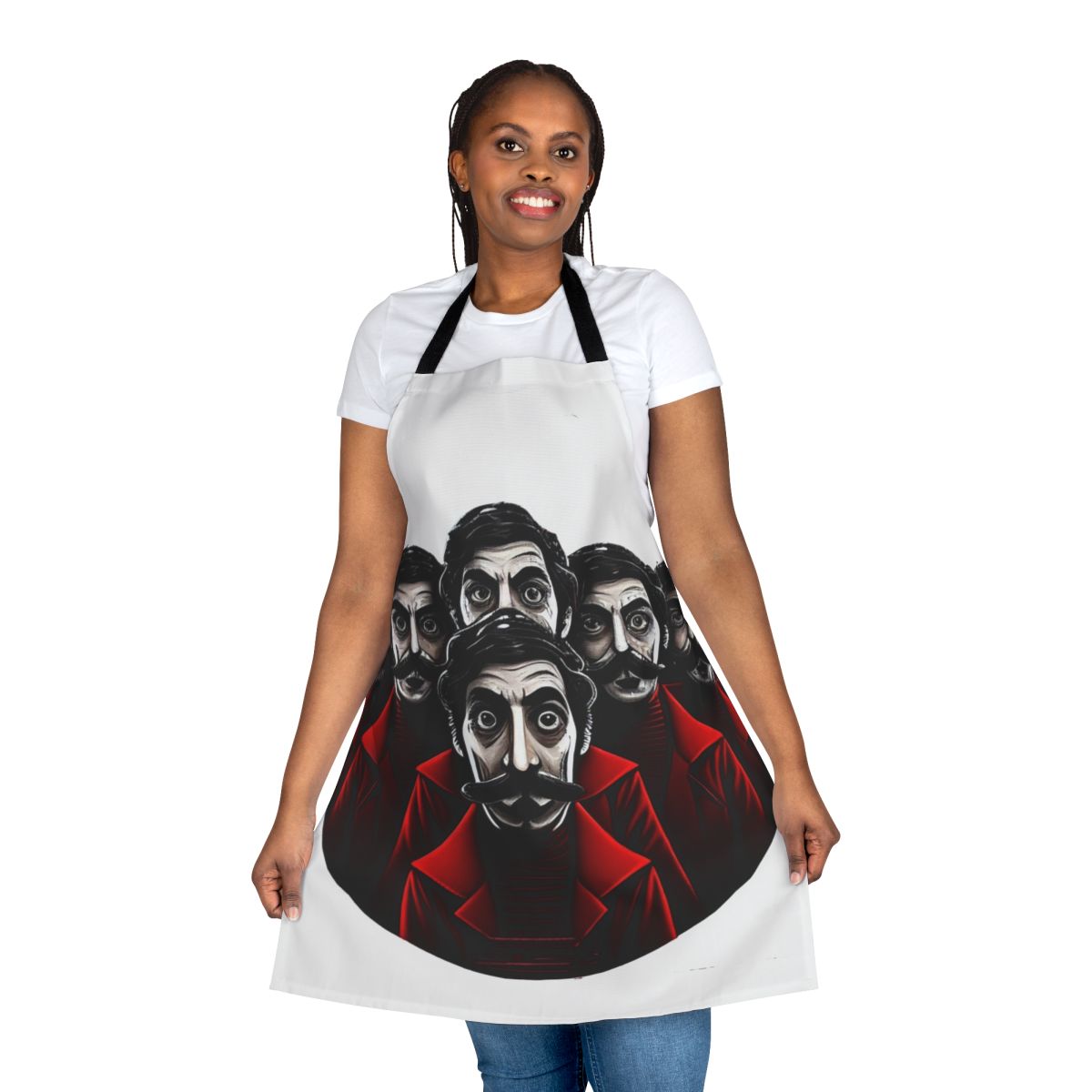 Money Heist themed apron with iconic characters and symbols