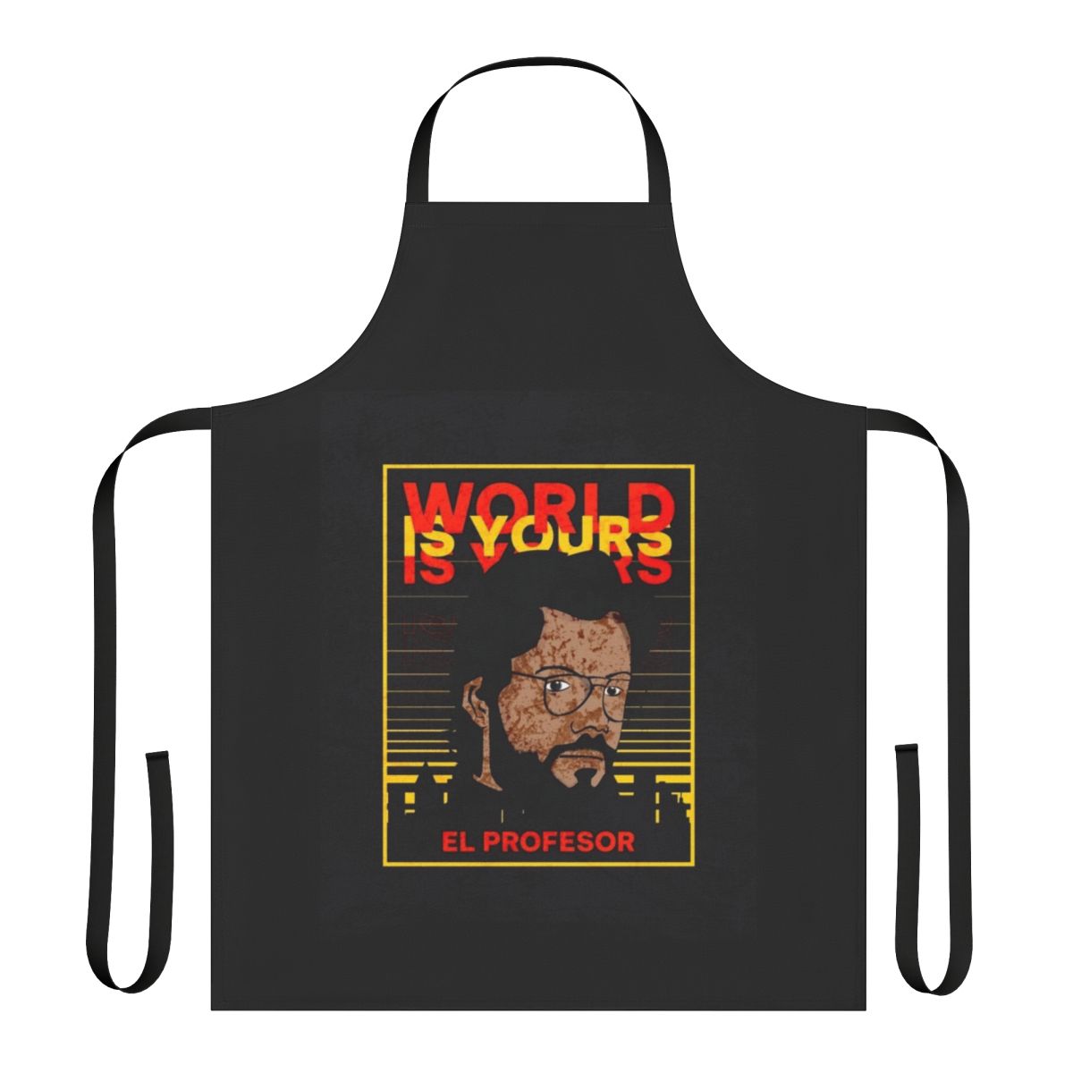 A stylish apron featuring the iconic "Money Heist" (La Casa de Papel) design, perfect for fans of the popular Netflix series.