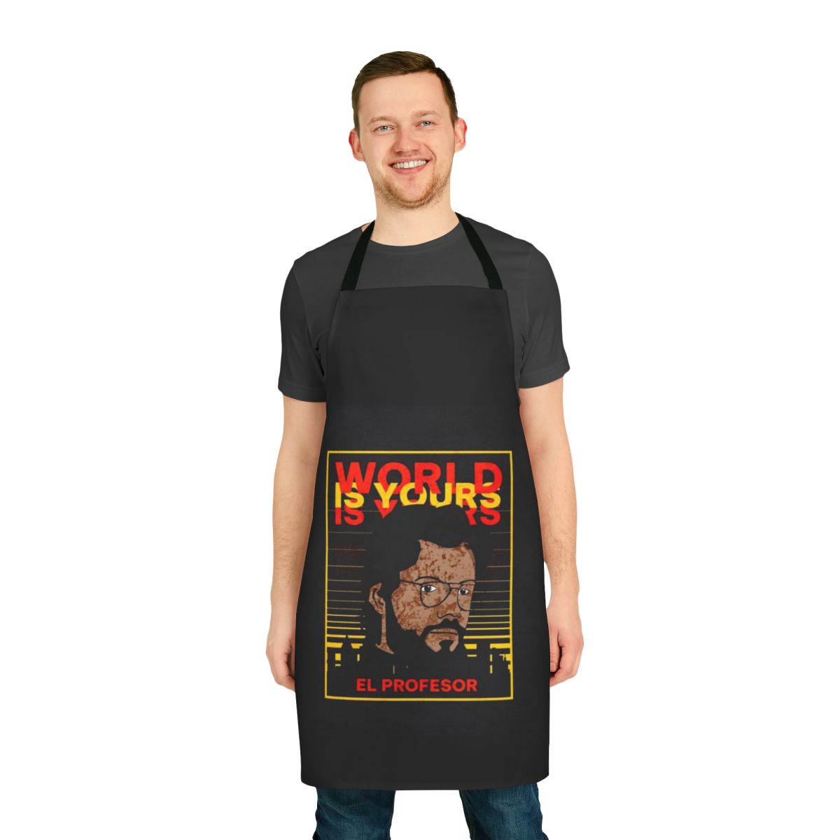A stylish apron featuring the iconic "Money Heist" (La Casa de Papel) design, perfect for fans of the popular Netflix series.