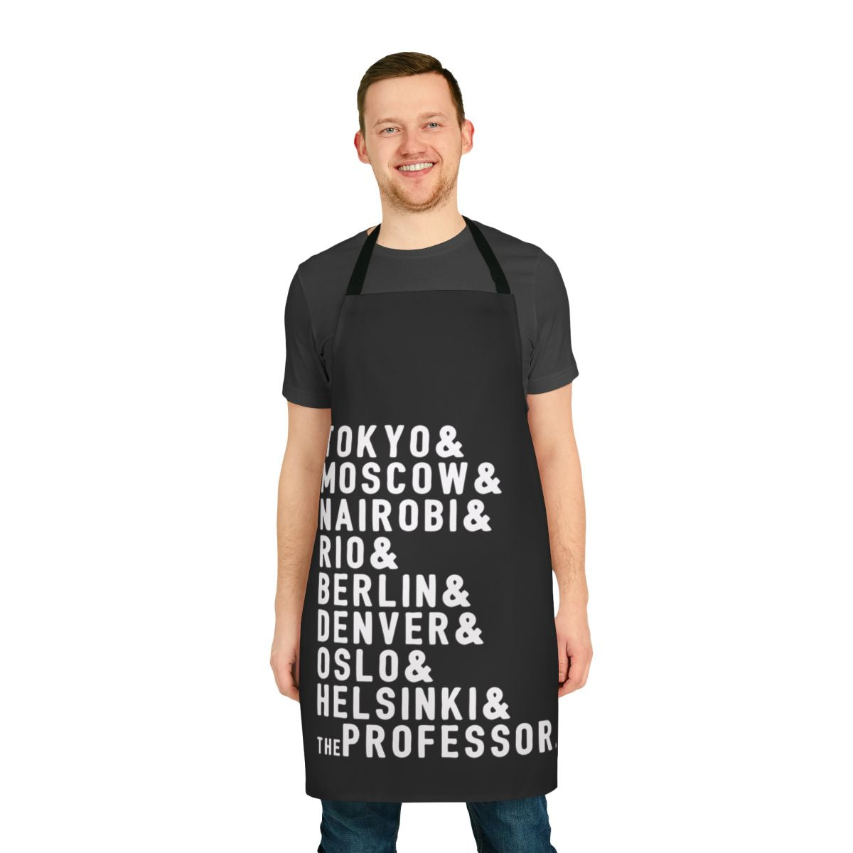 Sleek and durable money heist-themed apron, featuring iconic characters and symbols from the hit Spanish crime drama series.