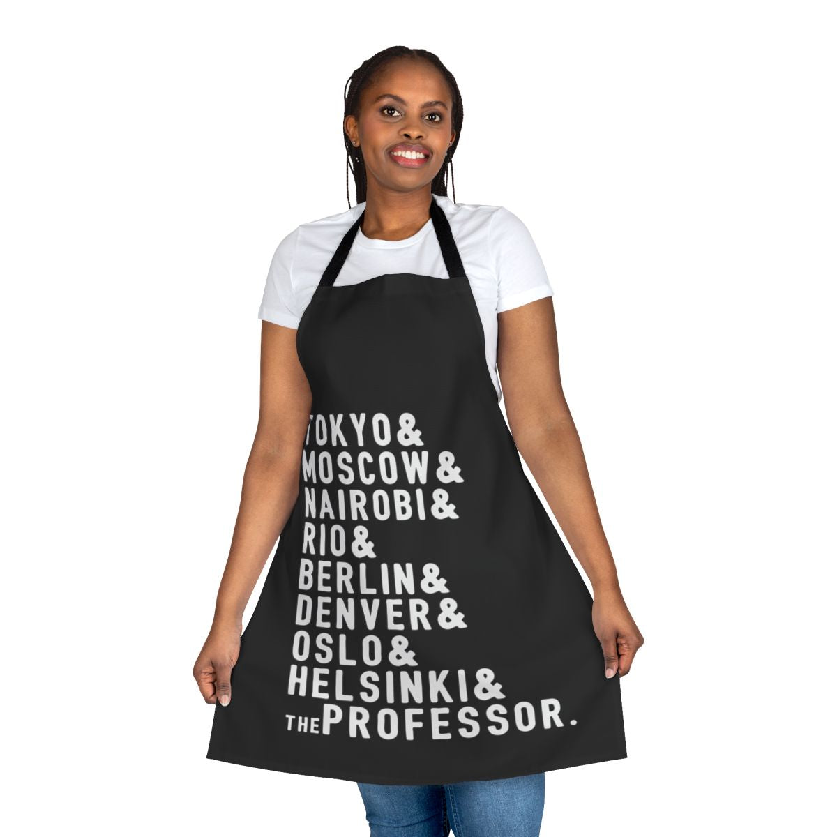 Sleek and durable money heist-themed apron, featuring iconic characters and symbols from the hit Spanish crime drama series.