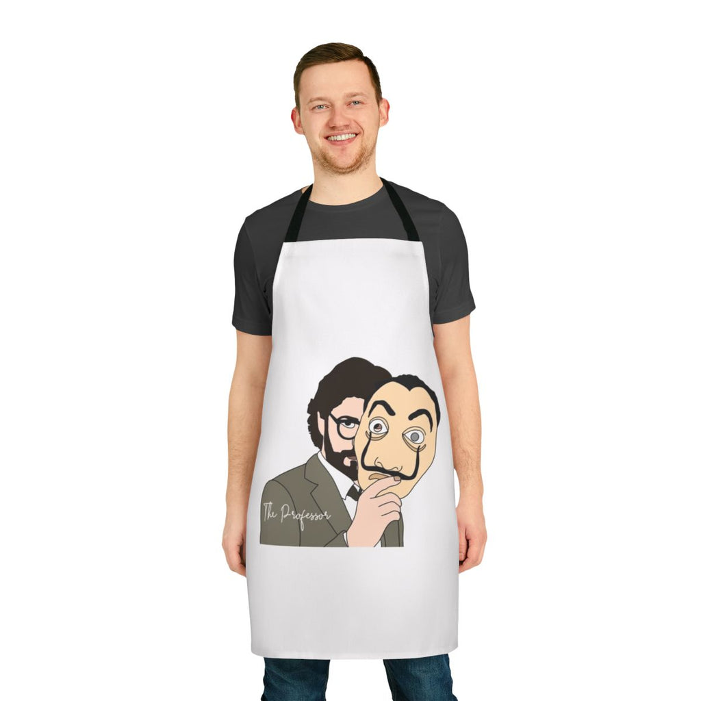 "Money Heist" inspired apron featuring the Professor character and mask design