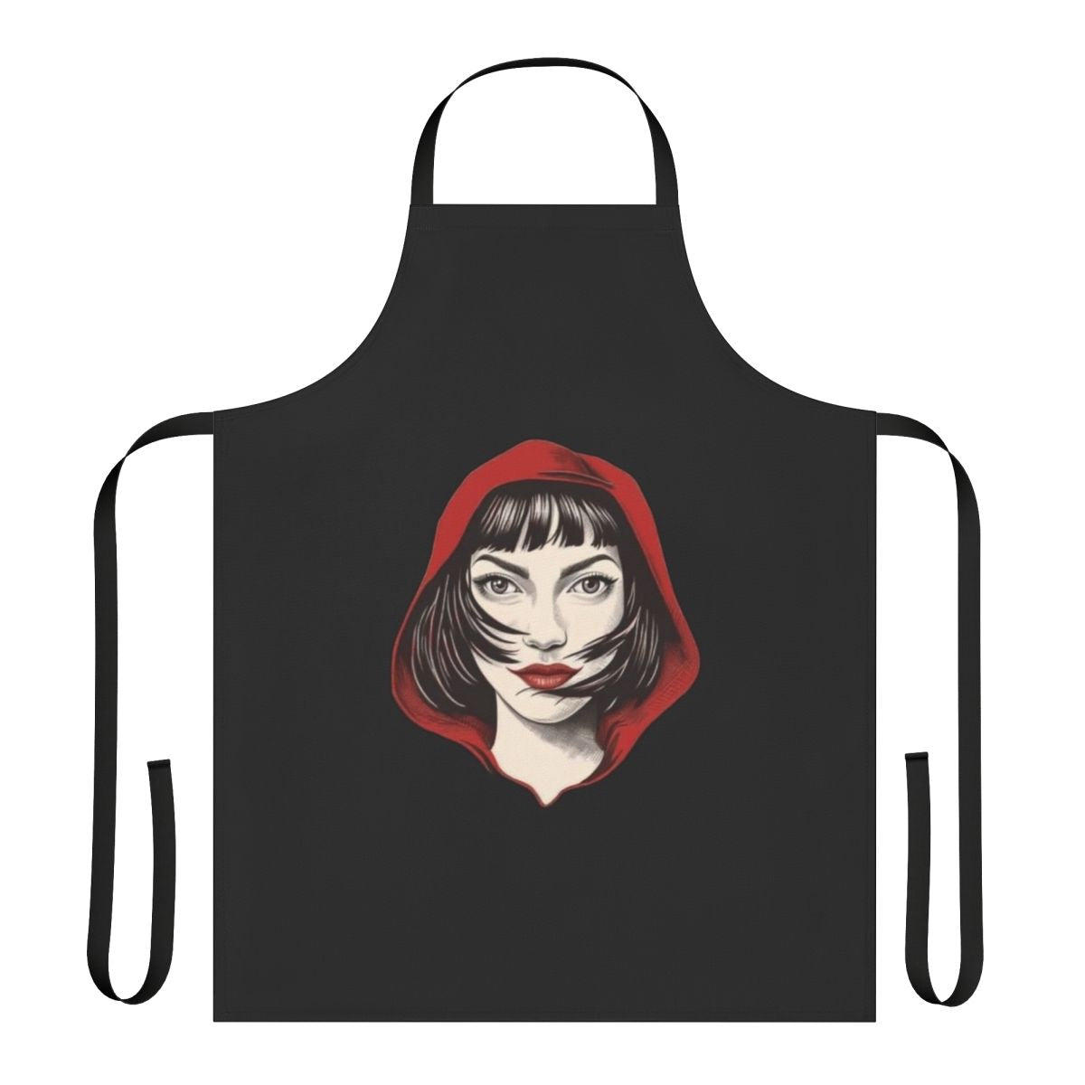 A red apron with a Tokyo-style design, inspired by the popular Netflix series "Money Heist" (La Casa de Papel).