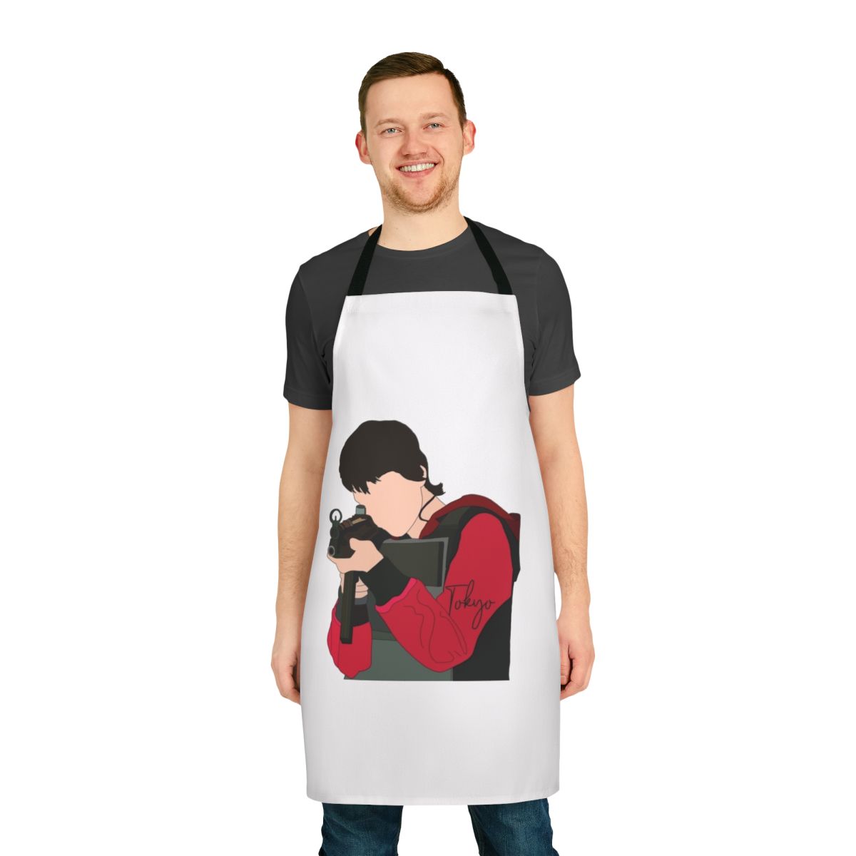 Money Heist themed cooking apron featuring Tokyo's character design