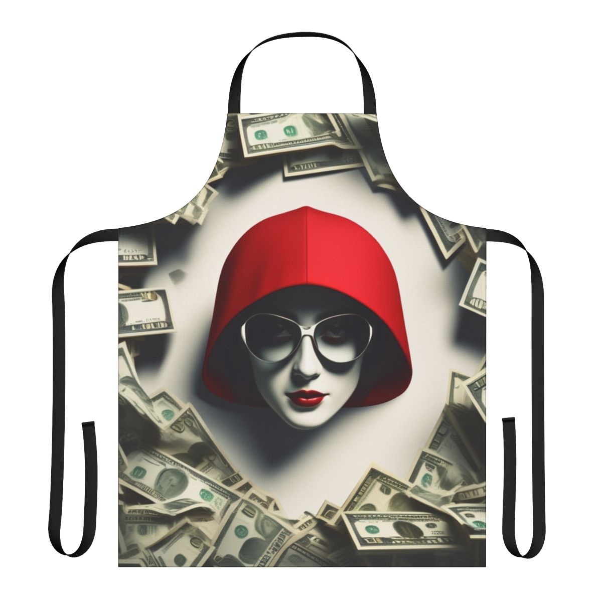 A stylish red apron with a money-themed design, featuring a woman wearing sunglasses and surrounded by money.
