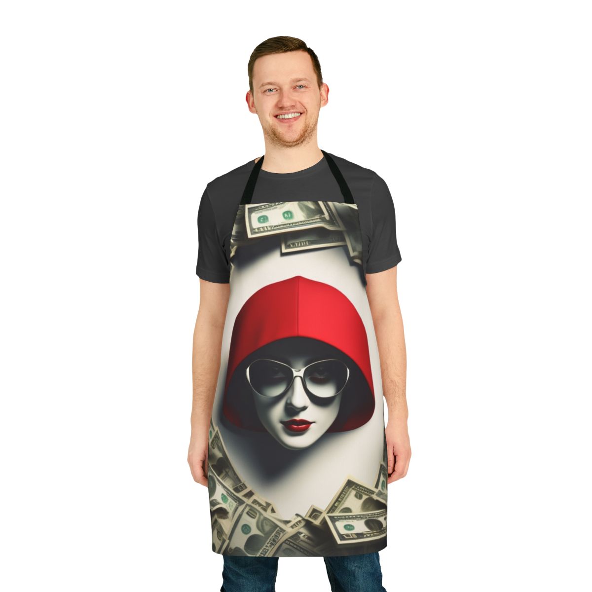A stylish red apron with a money-themed design, featuring a woman wearing sunglasses and surrounded by money.