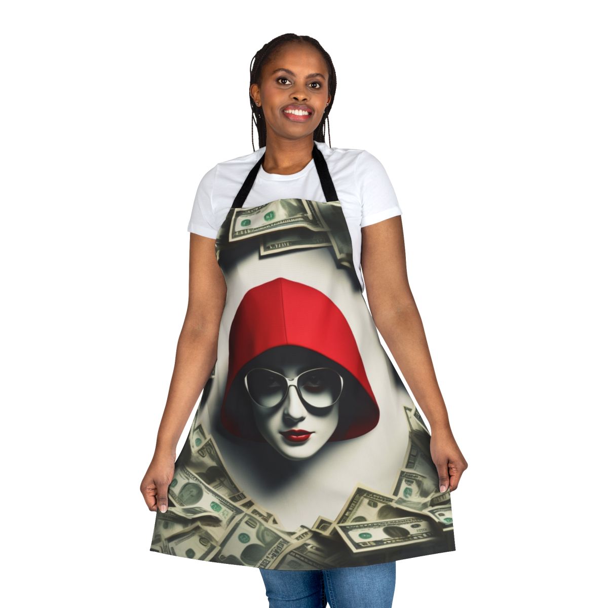 A stylish red apron with a money-themed design, featuring a woman wearing sunglasses and surrounded by money.