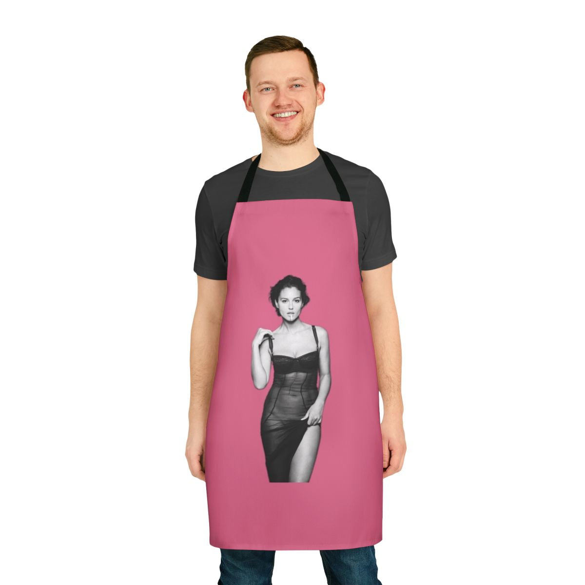 A high-quality apron featuring the iconic image of actress Monica Bellucci.