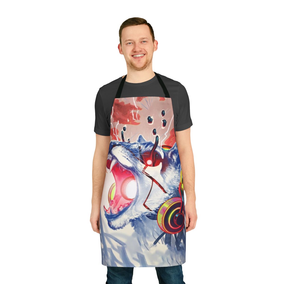 Monstercat-inspired apron with a cool, colorful monster cat design